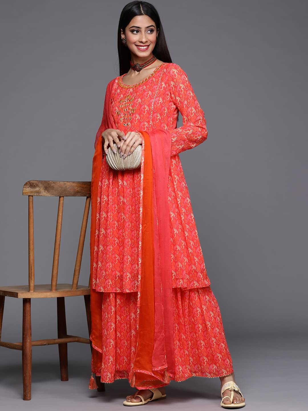 GoSriKi Women's Georgette A-Line Ethnic Motifs Printed Mirror Work Kurta with Sharara & Dupatta (Othani-GS)