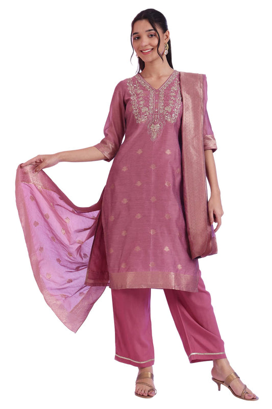 Aurelia Women's Purple Yarn Dyed Straight Kurta with Palazzos & Dupatta Set