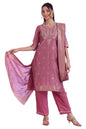 Aurelia Women'S Purple Yarn Dyed Straight Kurta With Palazzos & Dupatta Set (Size: Xl)-As15762-705620