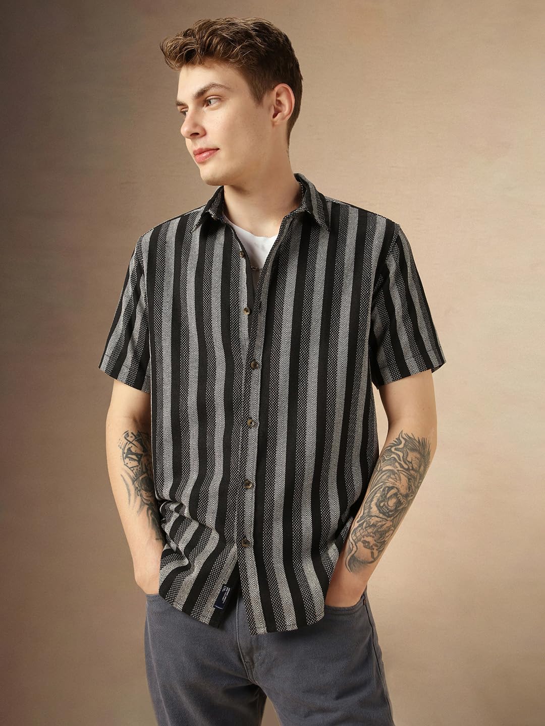 Dennis Lingo MenS Black Cotton Spread Collar Short Sleeves Striped Shirts