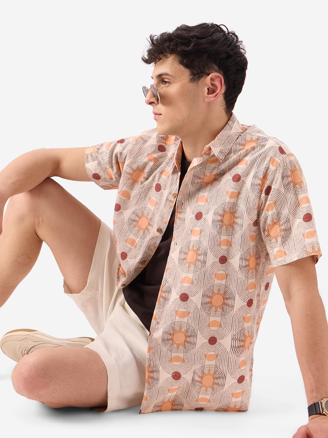 The Souled Store Celestial Men and Boys Short Sleeve Button Down Regular Fit Cotton Printed Shirts Orange