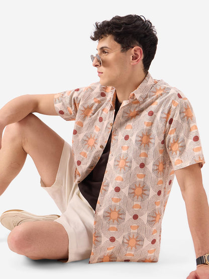 The Souled Store Celestial Men and Boys Short Sleeve Button Down Regular Fit Cotton Printed Shirts Orange