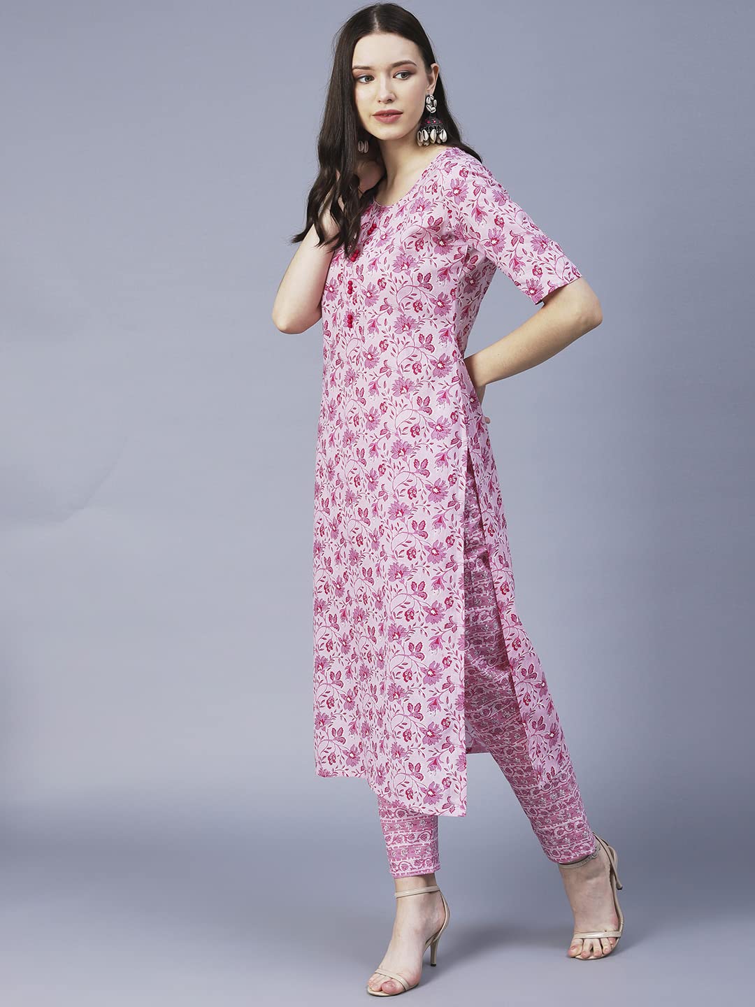 ANNI DESIGNER Women's Cotton Blend Printed Straight Kurta with Pant (MBC)