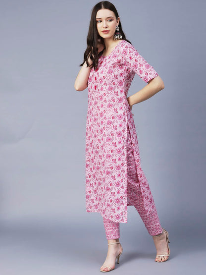 ANNI DESIGNER Women's Cotton Blend Printed Straight Kurta with Pant (MBC)