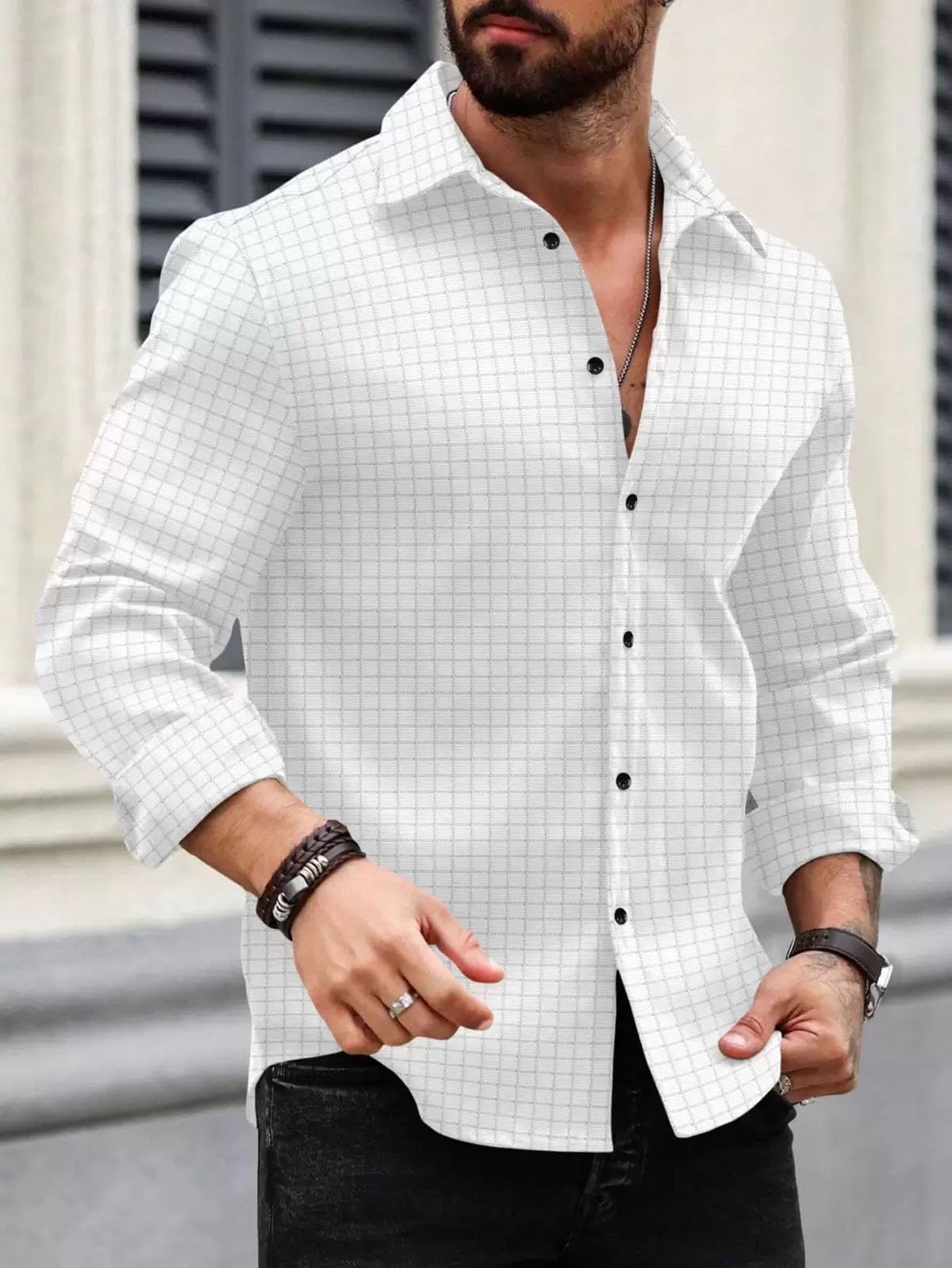 Deemoon MenS Regular Fit Button Down Dress Shirts Textured Long Sleeve Casual Hawaiian Beach Shirt White