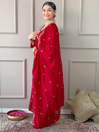 Naixa Womens Red Vichitra Silk Embroidered A-line Kurta with Vichitra Silk Pant and Chinon Embroidered Dupatta Sets (NK-443-Red
