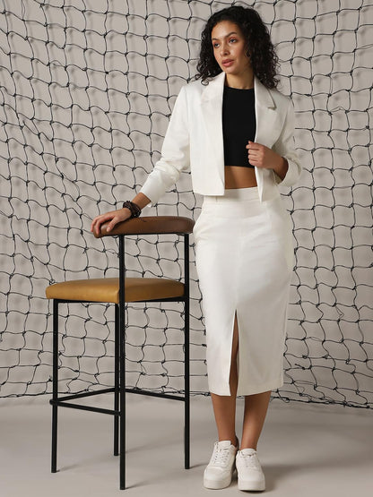 Hubberholme Women Solid-Crop Length Oversized Notch Lapel Collar Full Sleeve Blazer White