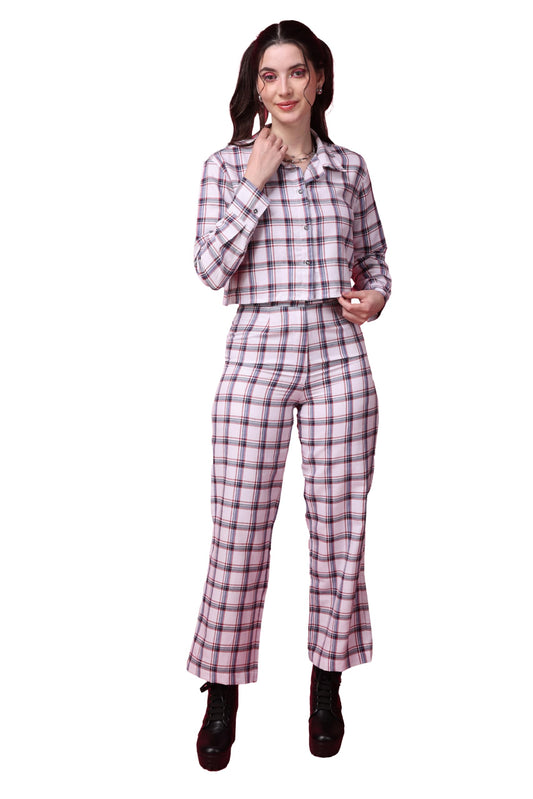 Popwings Casual Checks Print Crop Shirt And Trouser Co-Ord Set For Women | Shirt And Pant Co-Ord Set For Women | Full Sleeves Co