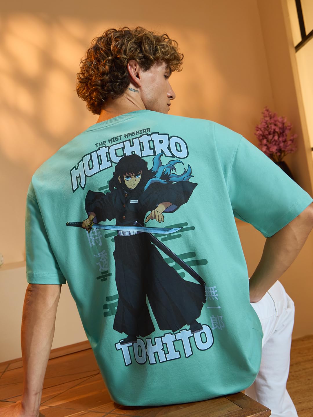 The Souled Store Demon Slayer: Muichiro Men and Boys Short Sleeves Round Neck Green Graphic Printed Cotton Lightweight Comfortab