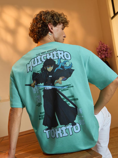 The Souled Store Demon Slayer: Muichiro Men and Boys Short Sleeves Round Neck Green Graphic Printed Cotton Lightweight Comfortab