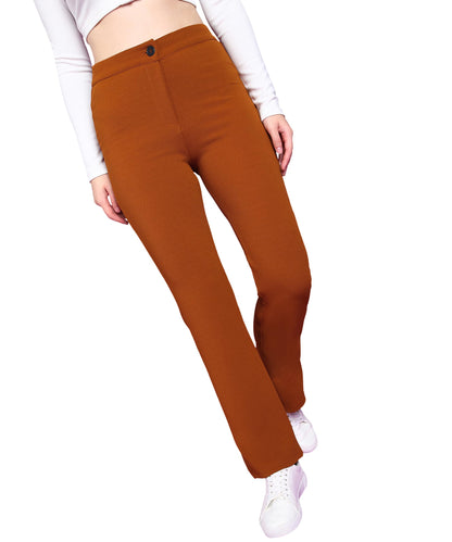 POPWINGS Women Casual Rust Self Designed Solid Formal Trousers Trousers | Stylish Trousers | Regular Wear Trousers