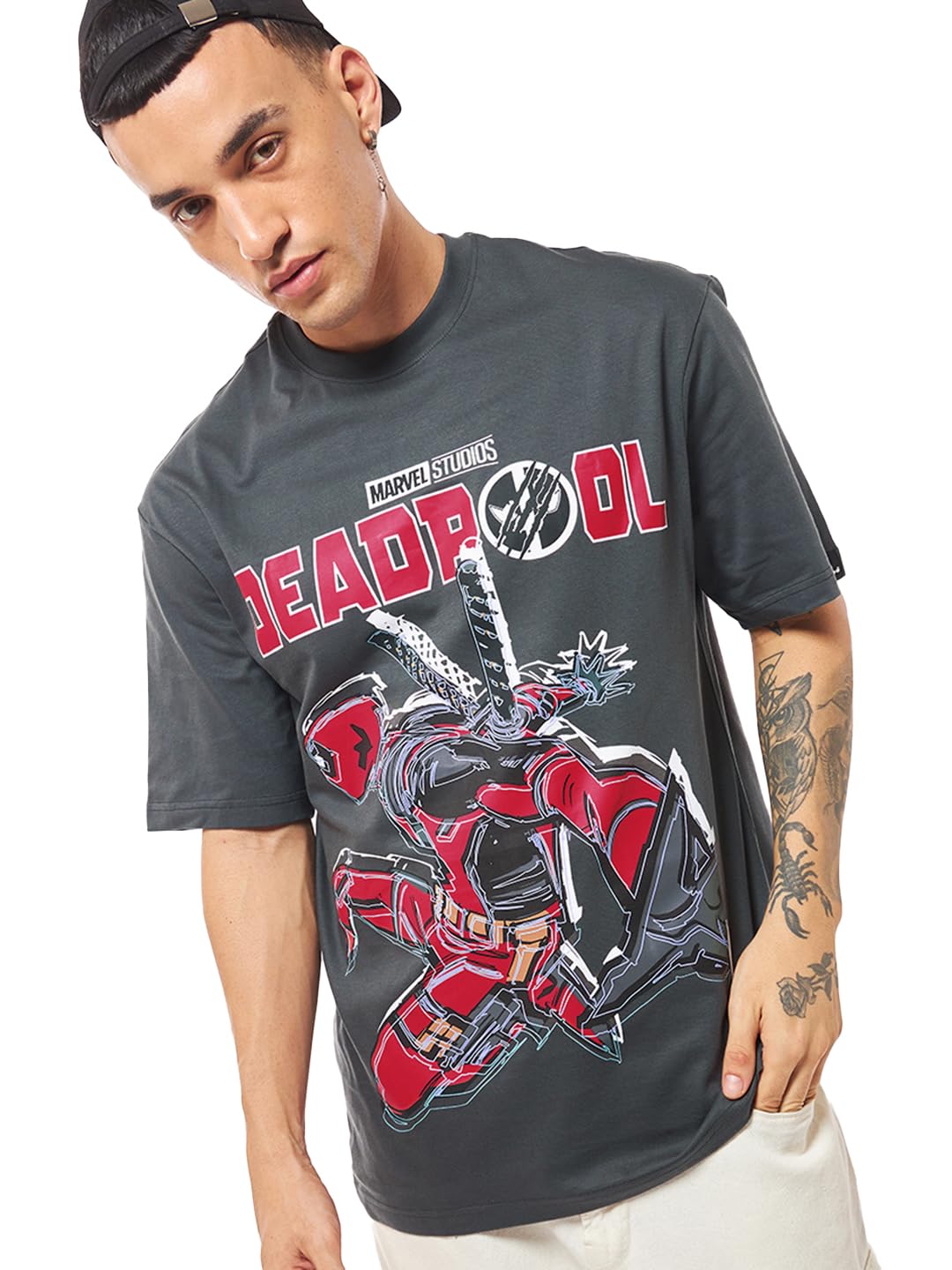 Bewakoof Official Marvel Merchandise Deadpool Mens Graphic Print Oversized Fit Half Sleeve Round Neck Cotton Jersey T-Shirt_644
