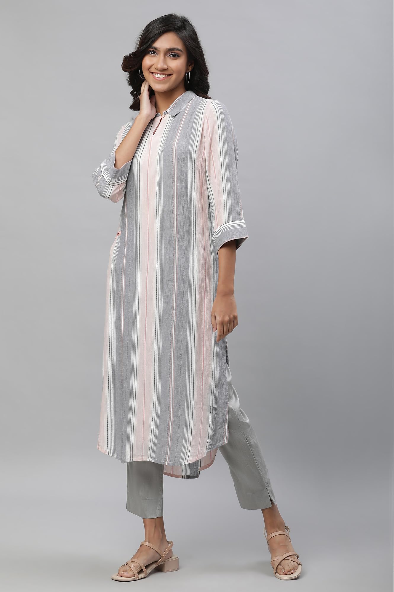 Aurelia Women's Coral Stripes Yarn Dyed Rayon Dobby Crepe Straight Kurta