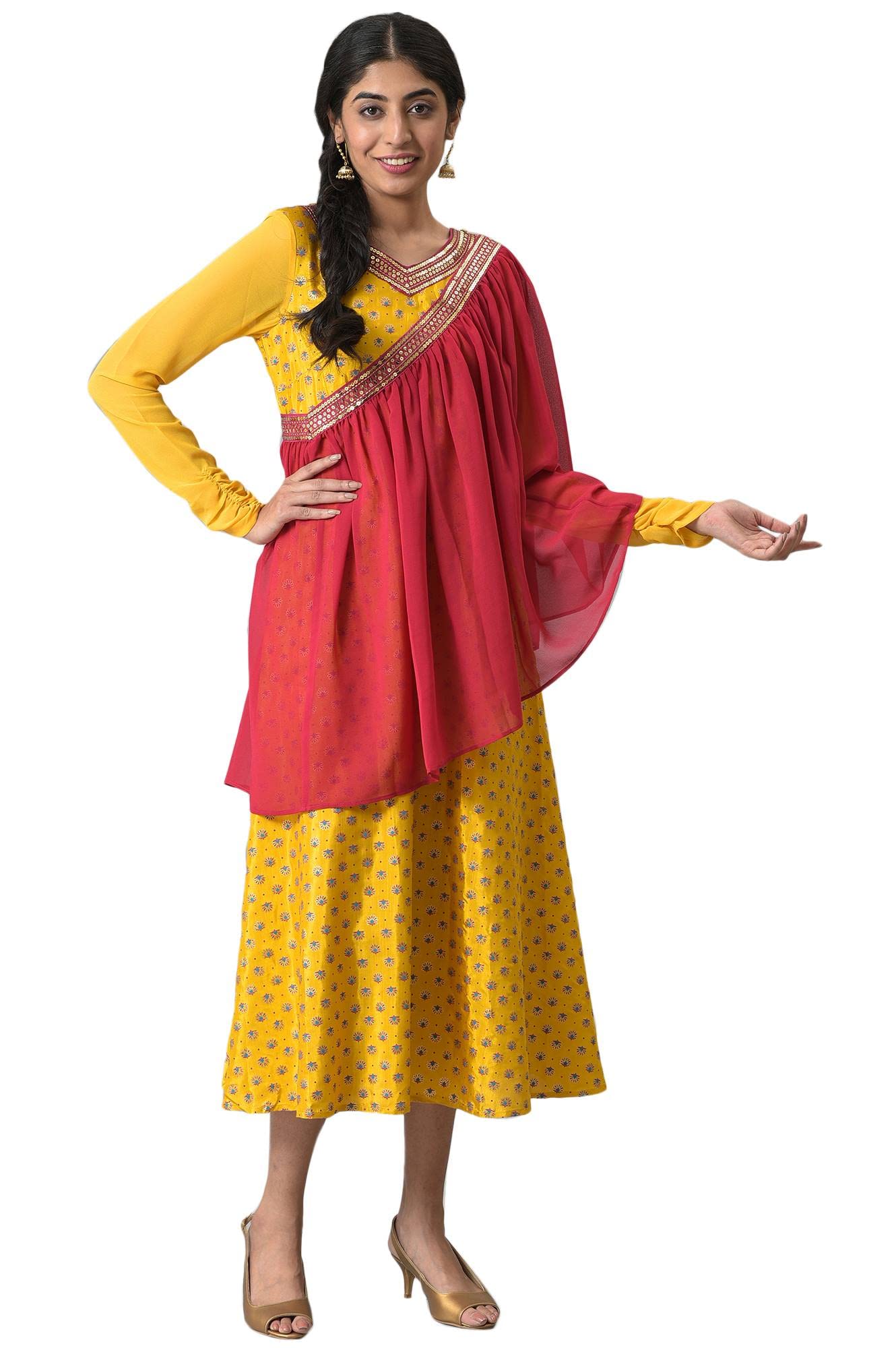 Aurelia Women's Yellow Zari Embroidered Dress With Pink Embroidered Dupatta_22AUAS13512-505420_L