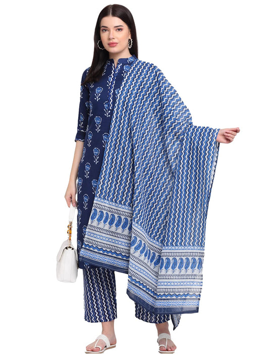 ANNI DESIGNER Women's Cotton Straight Kurta with Palazzo & Dupatta (KPZD-COT-10009-BLUE)