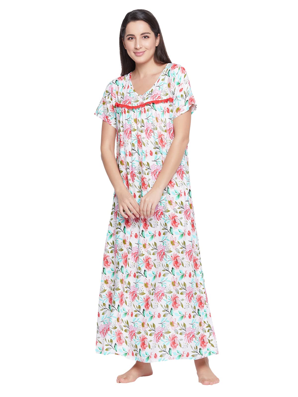 Clovia Womens Rayon Pretty Florals Long Nightdress (NS1211A18_White_XL)