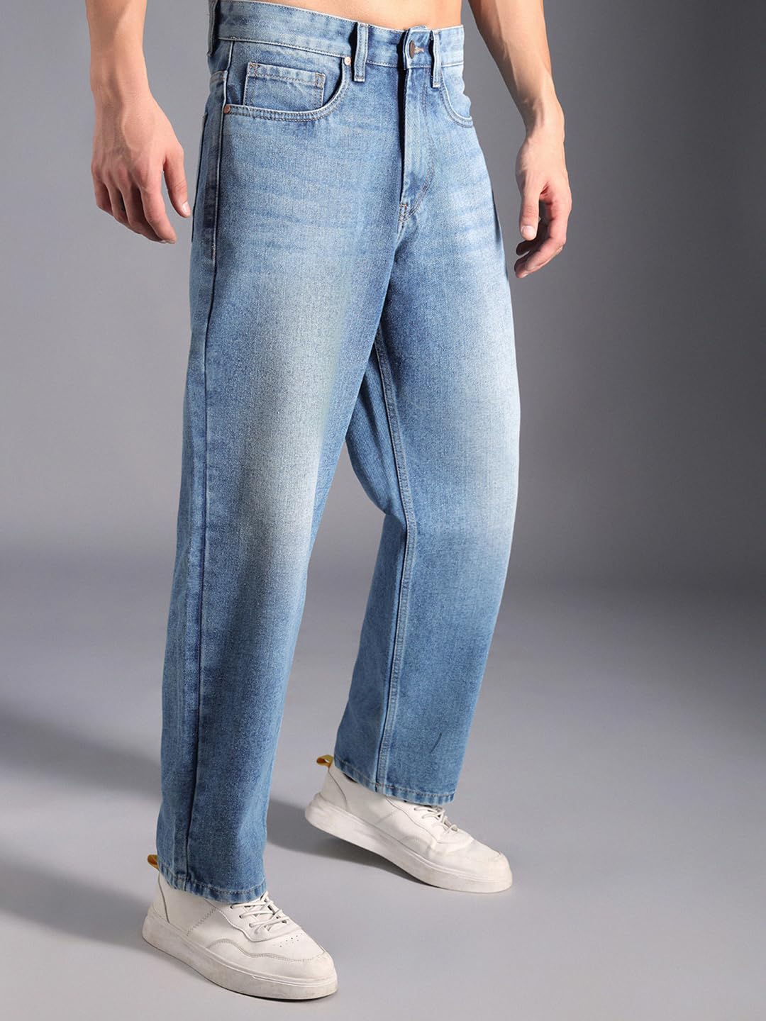 High Star Men Wide Leg Clean Look Light Fade Cotton Jeans