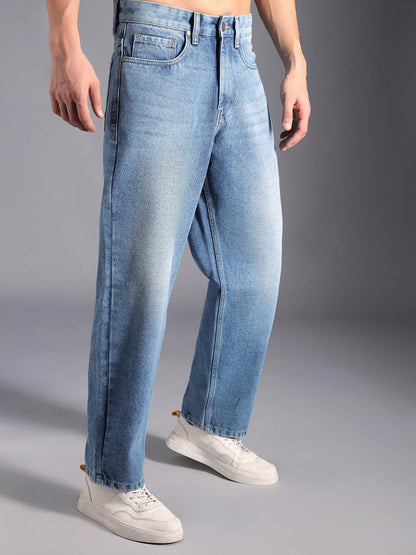 High Star Men Wide Leg Clean Look Light Fade Cotton Jeans