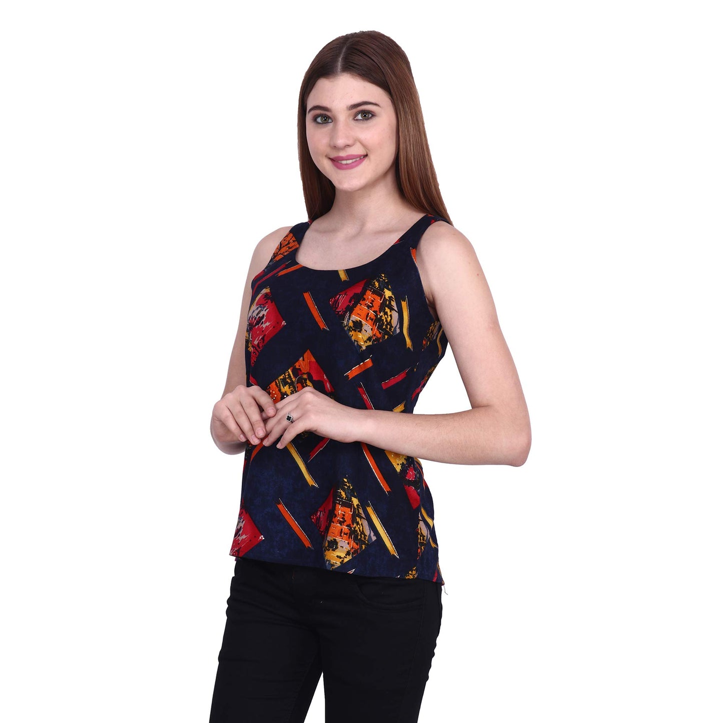 POPWINGS Casual Sleeveless Round Neck Foil/Graphic Print Regular Top for Women, Blue/Multicolor