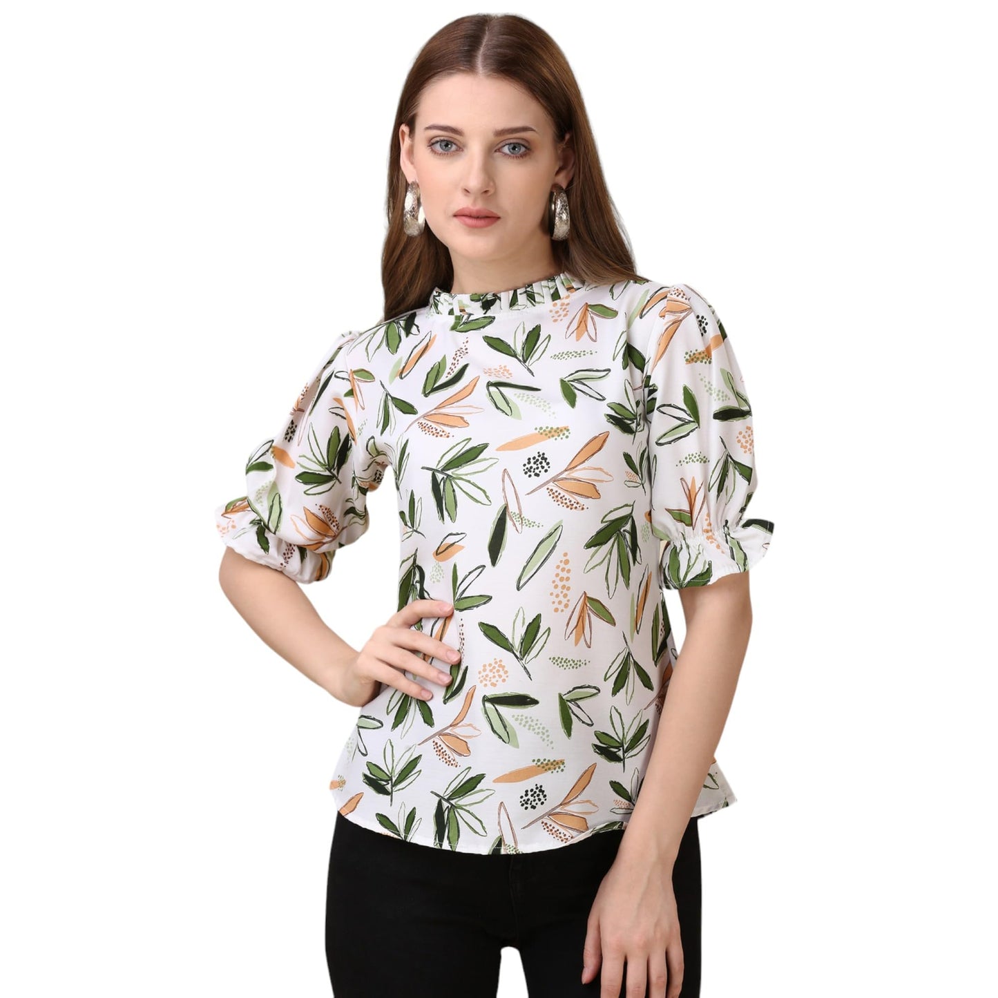 Gufrina WomenS Rayon Top With Half Sleeves High Round Neck Floral Printed Regular Fit Western Style And Standard Length