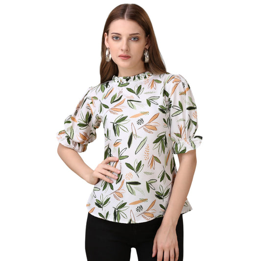 Gufrina WomenS Rayon Top With Half Sleeves High Round Neck Floral Printed Regular Fit Western Style And Standard Length