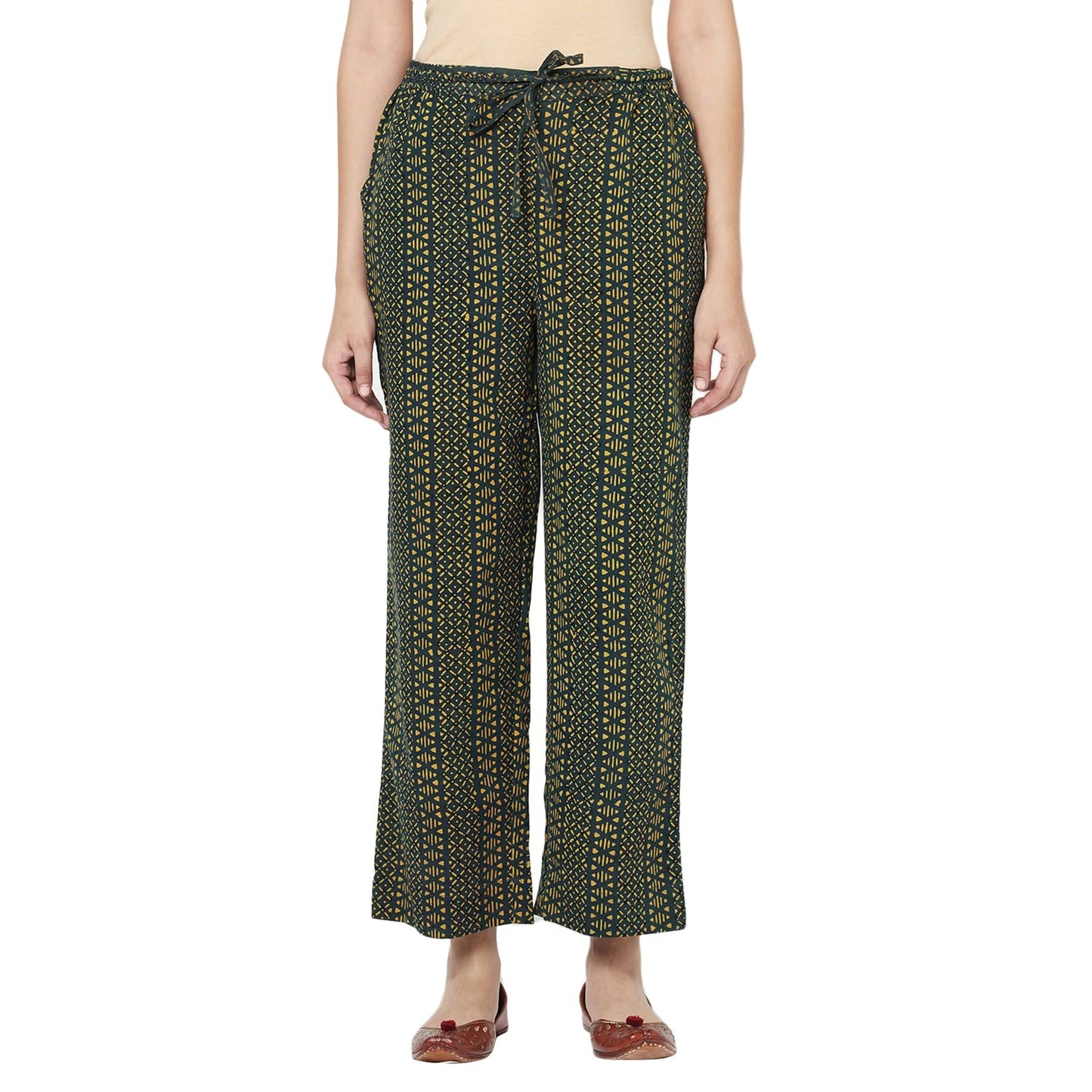 Fabindia Women Ajrakh Printed Casual Pant Cotton_S Light Green