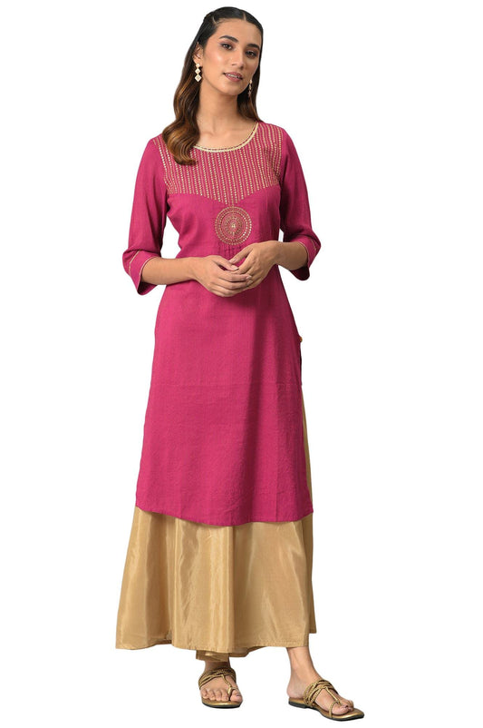 Aurelia Women Magenta Viscose Blend Geometric Yarn Dyed Straight Kurta