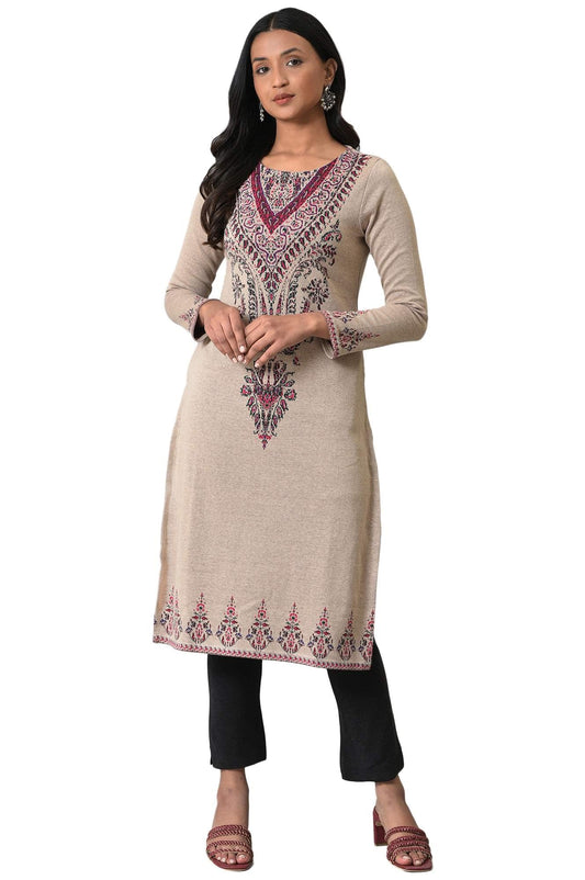 W for Woman Plus Size Ecru Placement Printed Jacquard Winter Kurta