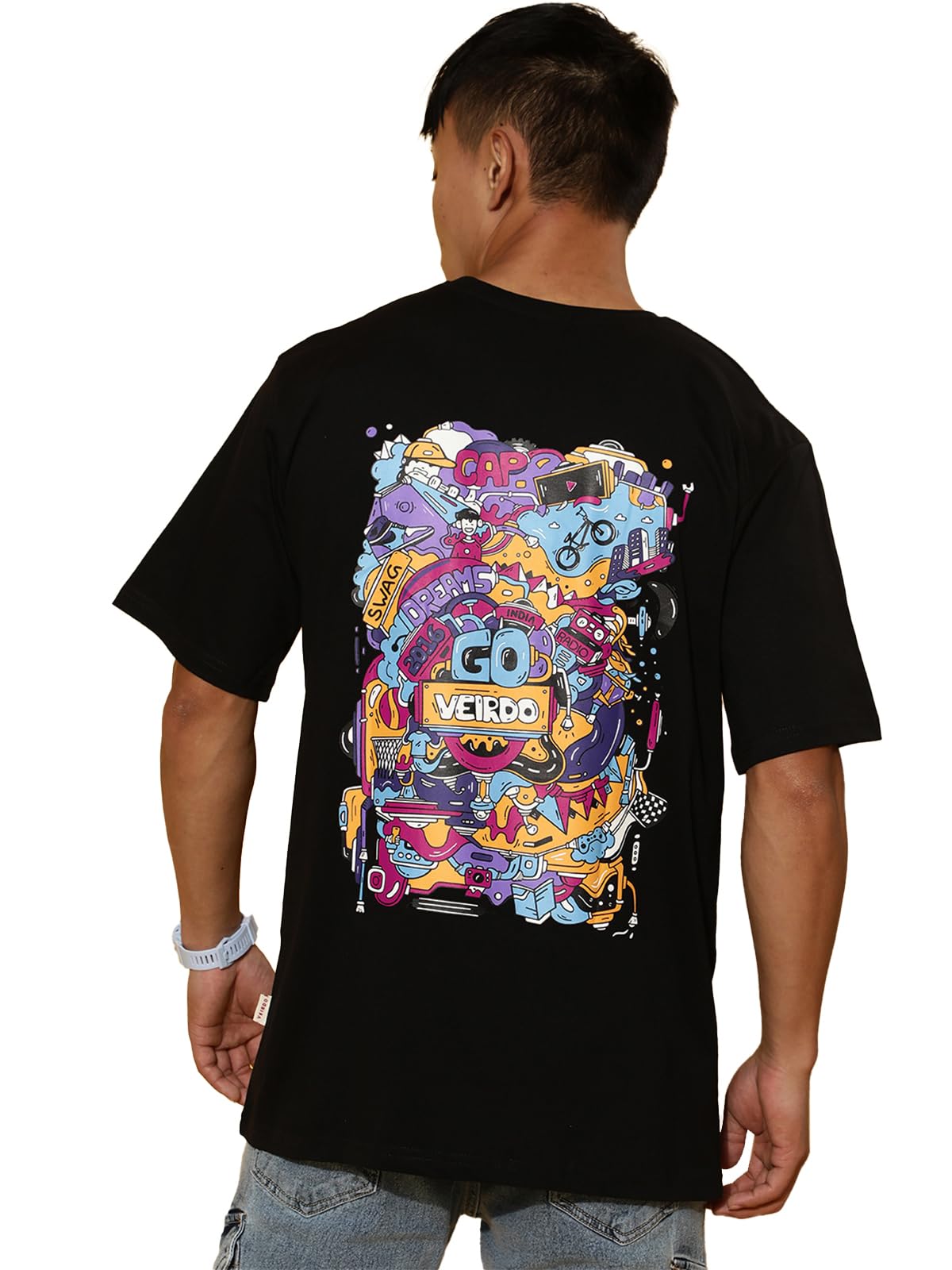 Veirdo Mens Cotton Oversize Loose Fit Round Neck Short Sleeve Aesthetic Back Graphic Printed T-Shirt