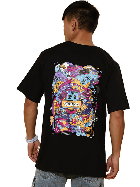 Veirdo Mens Cotton Oversize Loose Fit Round Neck Short Sleeve Aesthetic Back Graphic Printed T-Shirt
