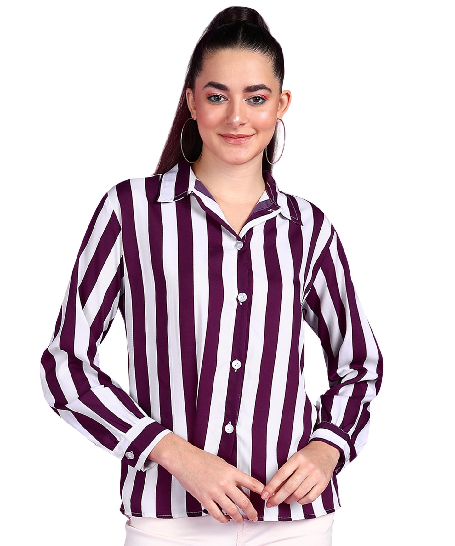 POPWINGS Stripe Printed Crepe Shirt for Women Stylish Western Casual Regular Fit Full Sleeves Shirts for Women Shirt