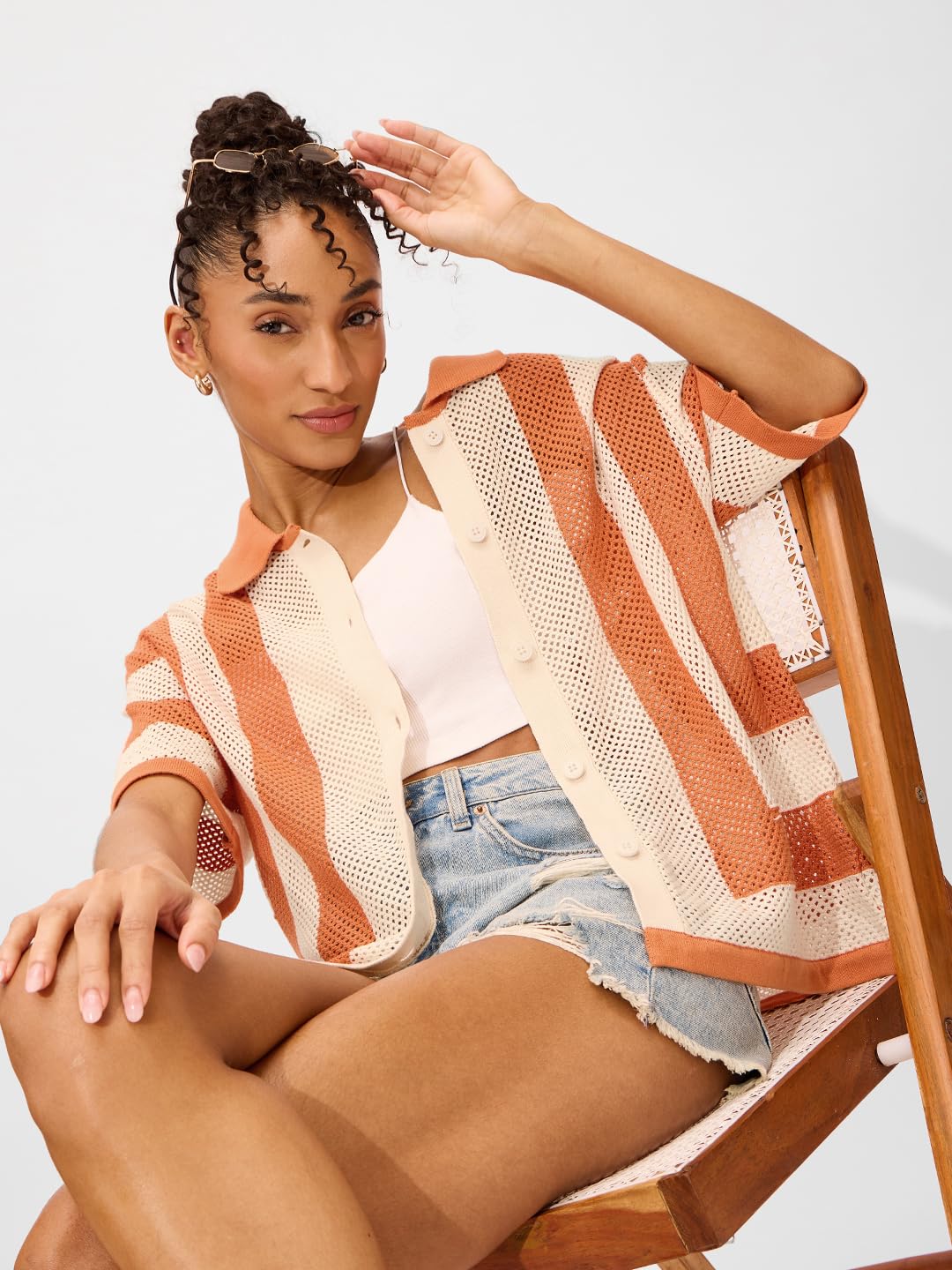 The Souled Store Apricot Sherbet Women and Girls Short Sleeves Collared Neck Button Front Open Knit Structured Boyfriend Shirts