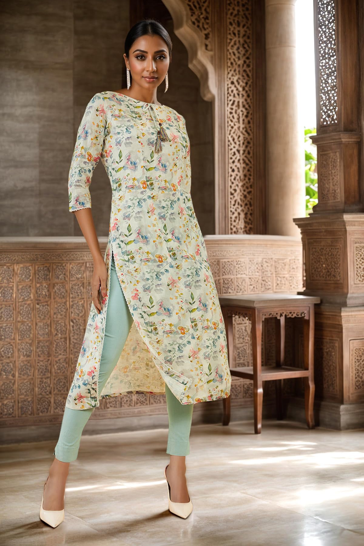 Soch Womens Beige Linen Kurta With Floral Print And Tassels