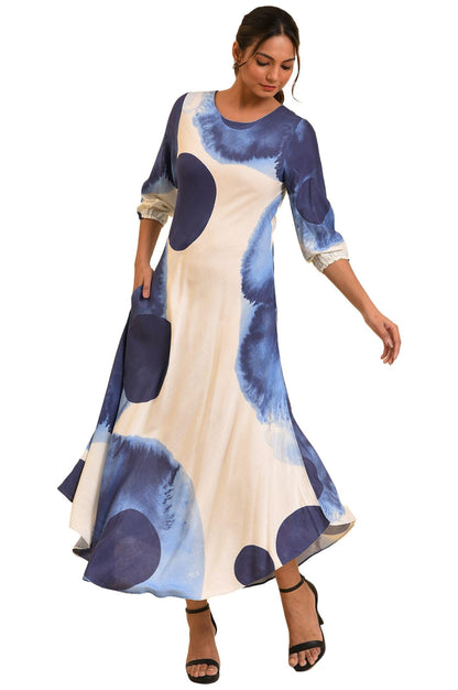 W For Woman WomenS Rayon Ecru Flared Dress With Bold Blue Prints Ankle Length 23Few18772-120813