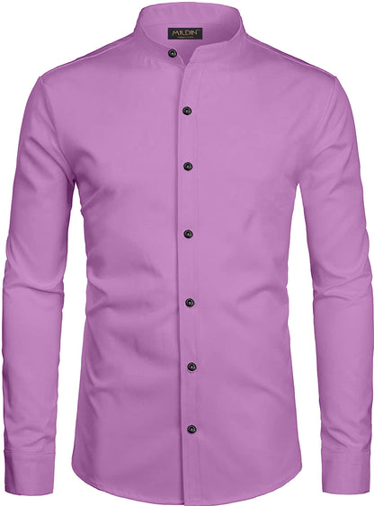 Mildin MenS Cotton Blend Solid Shirt With Mandarin Chinese Collar Full Sleeve Curved Hemline Button Closure Slim Fit | Shirt Fo