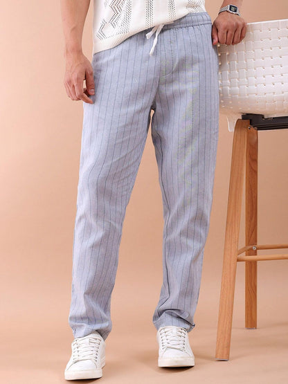 The Indian Garage Co Men Regular Fit Vertical Striped Mid-Rise Elasticated Trousers Oxford Blue