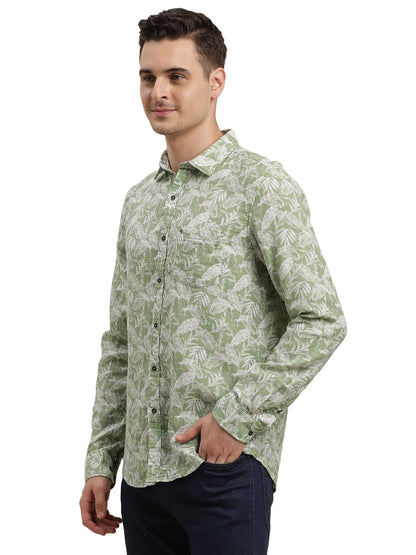 Turtle Men 100% Cotton Printed Slim Fit Olive Green Casual Shirt