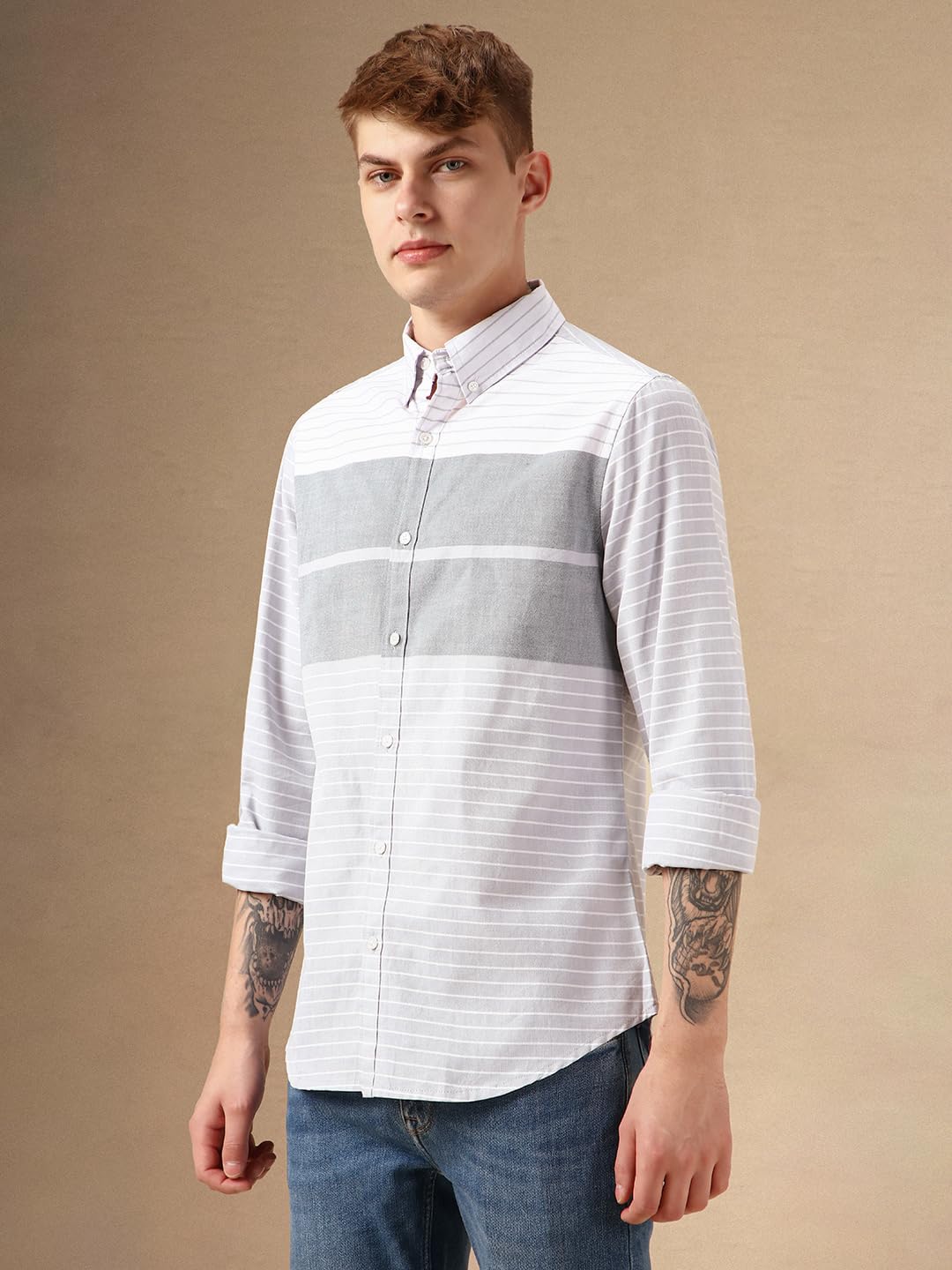 Dennis Lingo Men Blue 100% Cotton Full Sleeve Button Down Collar Stripes Shirts