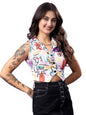 POPWINGS White Geometric Printed Button Clousre V Neck Sleeveless Waistcoat Crop Top