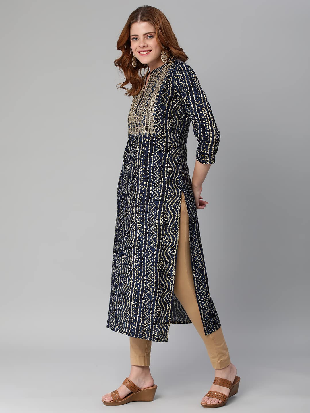 GoSriKi Women's Pure Cotton Rayon Bandhani Printed with Embroidered Straight Kurta (Rugari-Blue-Jan42-GS)