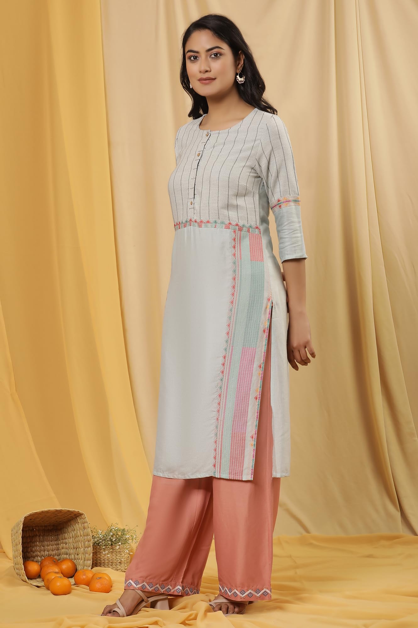 W for Woman W Women Blue Geometric Print Cotton Kurta Set With Parallel Pant & Dupatta