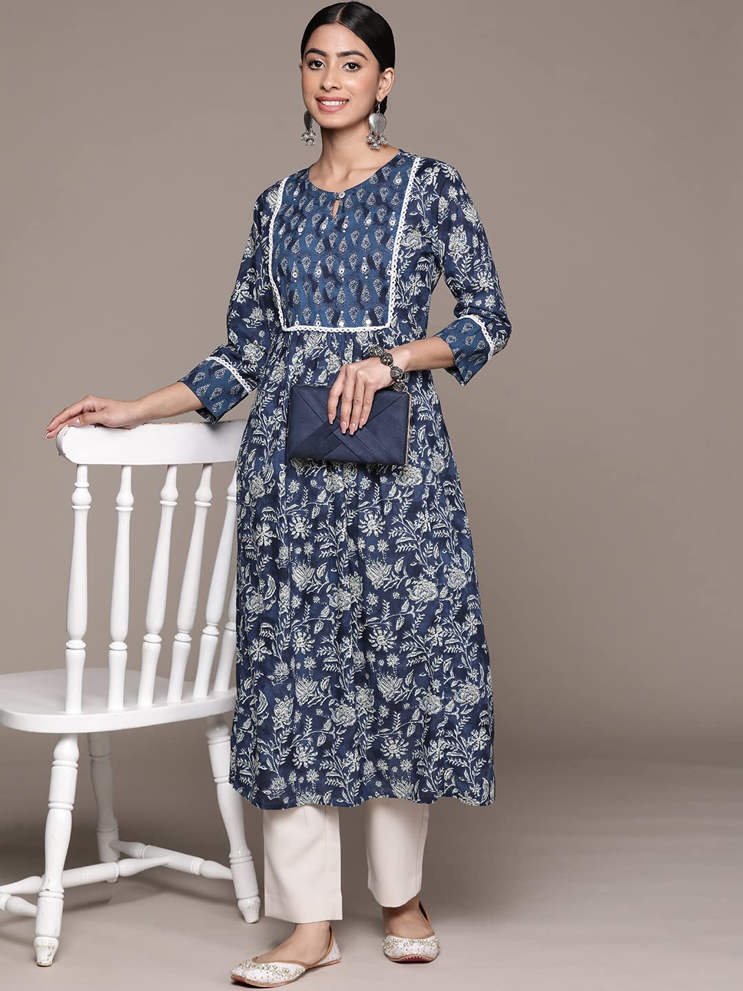 anubhutee Women's Cotton Navy Blue Mirror Work Floral Printed A-Line Kurta