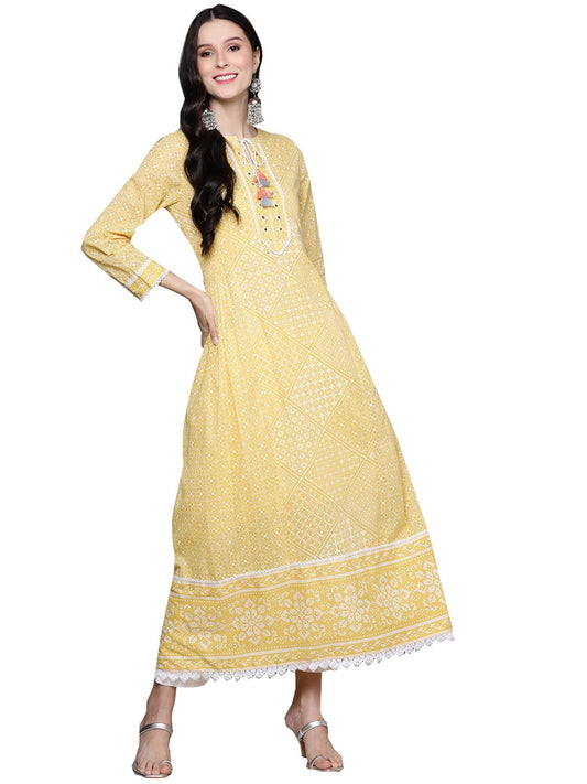 ishin Women's Cotton Anarkali Embellished Sequins Geometric Print Yellow Kurti