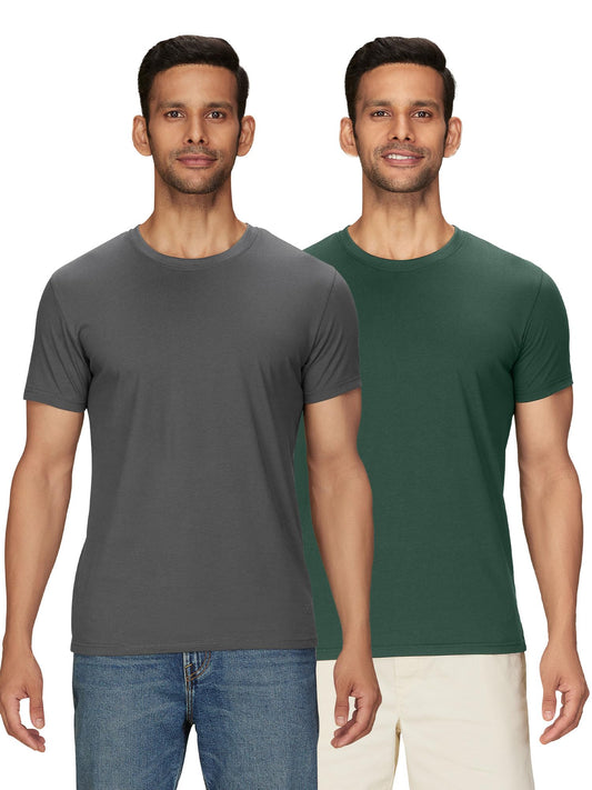 XYXX Mens Solid Regular Fit T-Shirt (XY_CR15_Tshirt_2_Anchor Grey+Pine Green