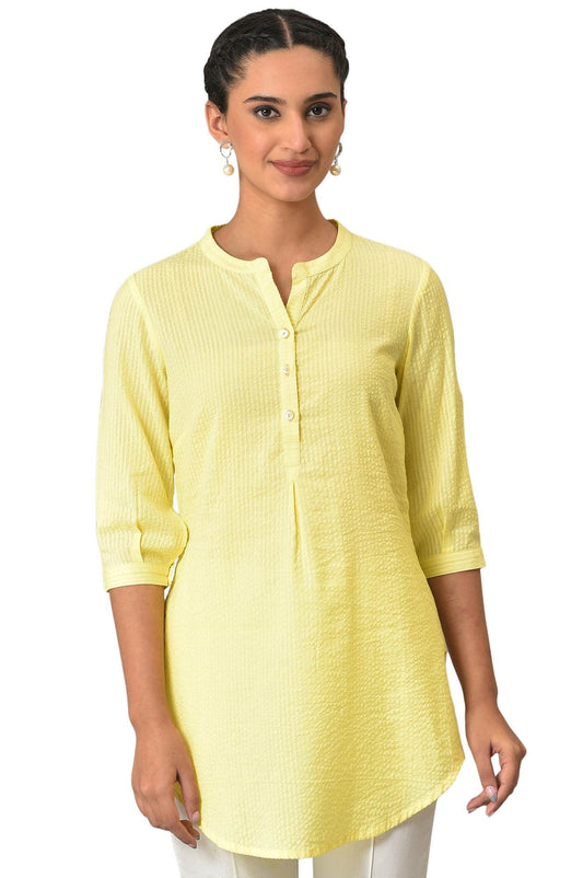 Aurelia Yellow Textured Cotton-Rayon Blend Regular Kurti For Women