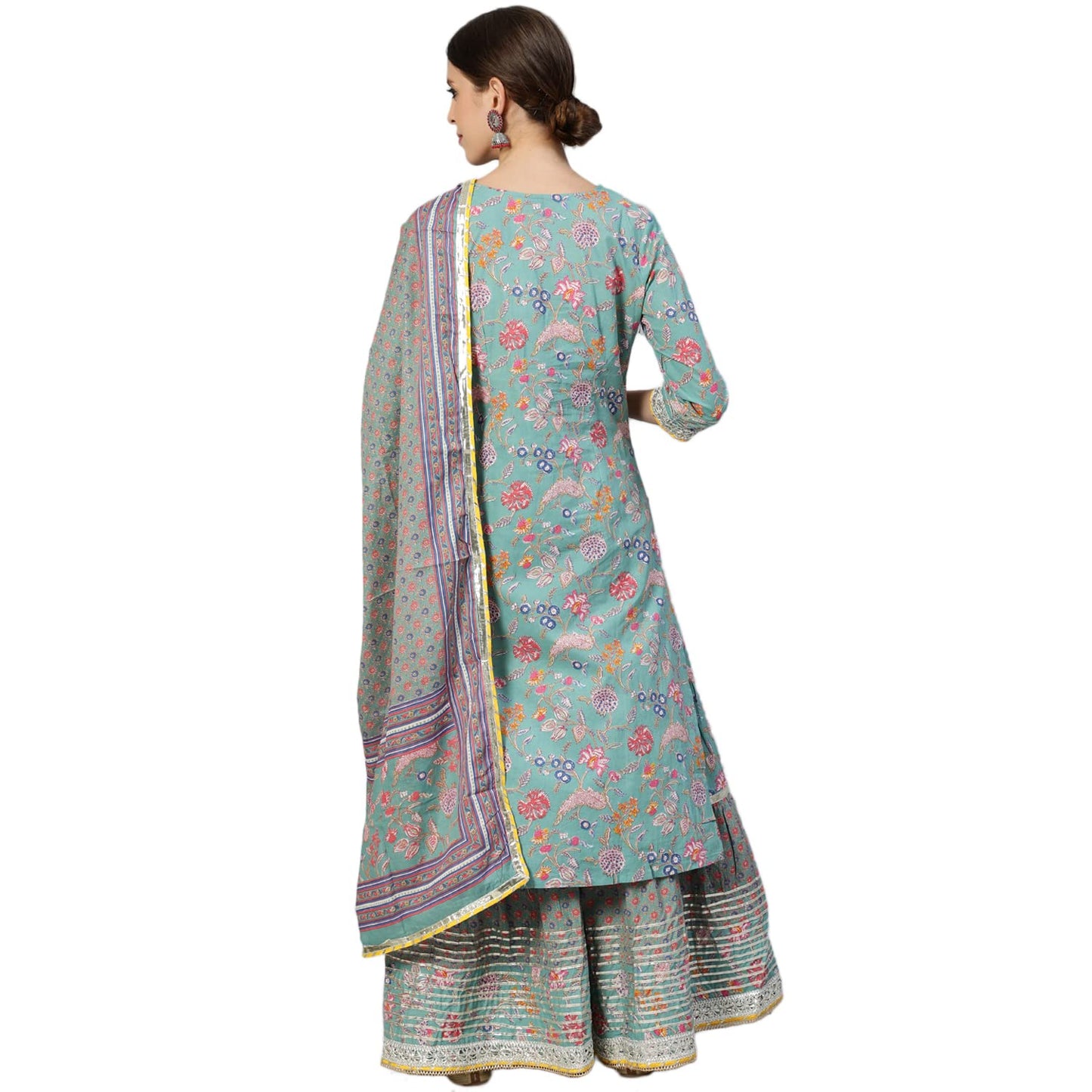 ishin Women's Pure Cotton Blue Embroidered & Gotta Patti Straight Kurta suit set With Dupatta & Sharara