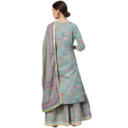 ishin Women's Pure Cotton Blue Embroidered & Gotta Patti Straight Kurta suit set With Dupatta & Sharara