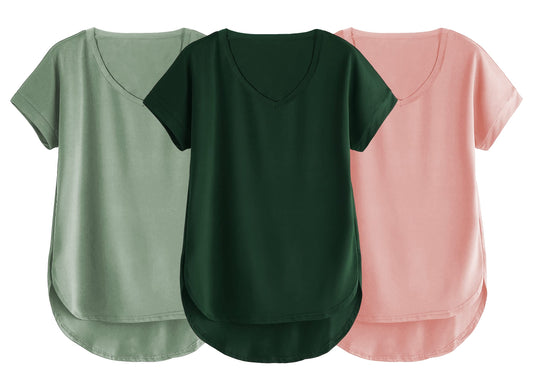 Fabricorn Combo Of Three Plain Bottle Green, Sage Green And Dusty Rose V-Neck Up And Down Cotton Tshirt For Women (Bottle Green,
