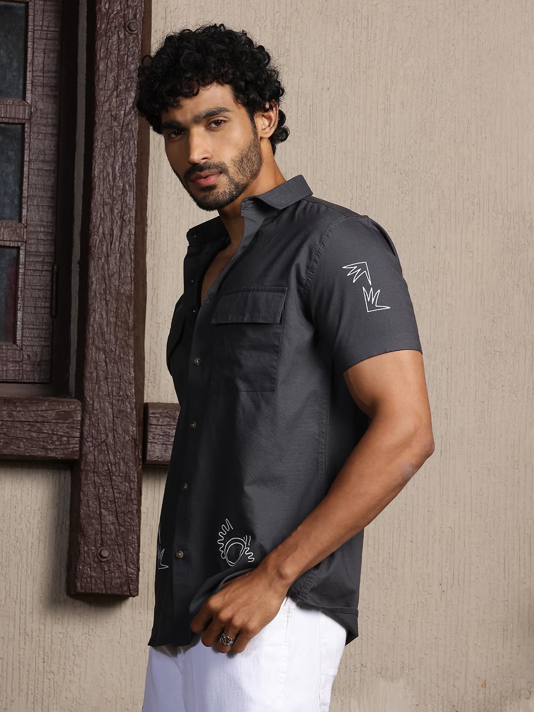 Thomas Scott Short Sleeve Double Pockets Self Printed Casual Shirts for Mens Grey