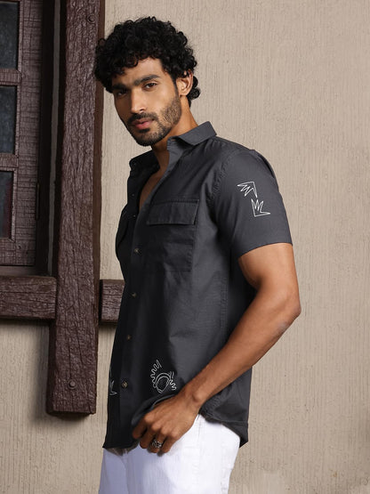 Thomas Scott Short Sleeve Double Pockets Self Printed Casual Shirts for Mens Grey